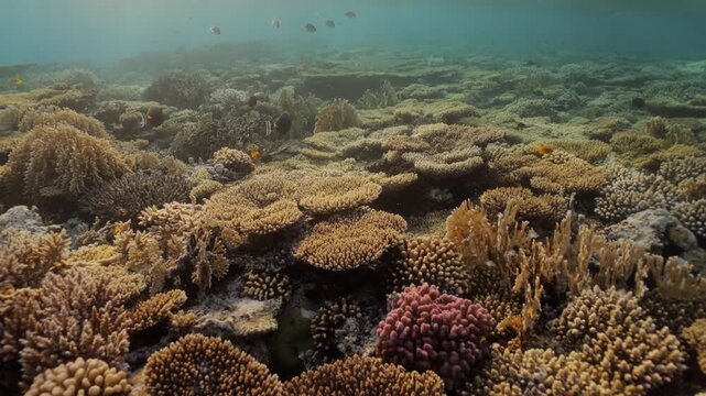 Underwater scene of a vibrant coral forest meadow glowing in warm golden sunset light, sun rays filtering through clear water as colorful tropical fish swim peacefully among the reefs below surface.