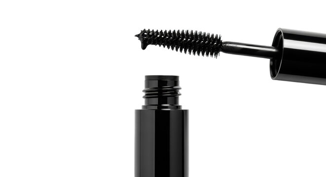Black mascara with brush isolated PNG on transparent background, cosmetic product for eyelashes and makeup use