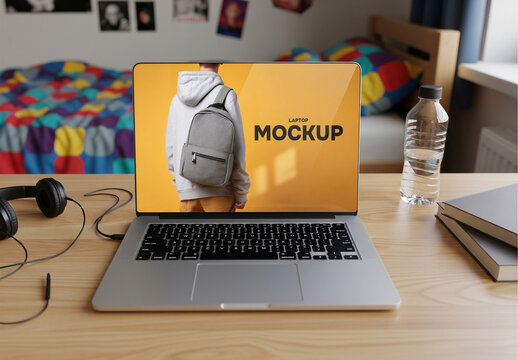 Laptop screen mockup in teenager room on desk