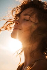 Close-up portrait of a serene woman with eyes closed in golden hour sunlight. Authentic emotion, warm sun flare, peaceful summer atmosphere.