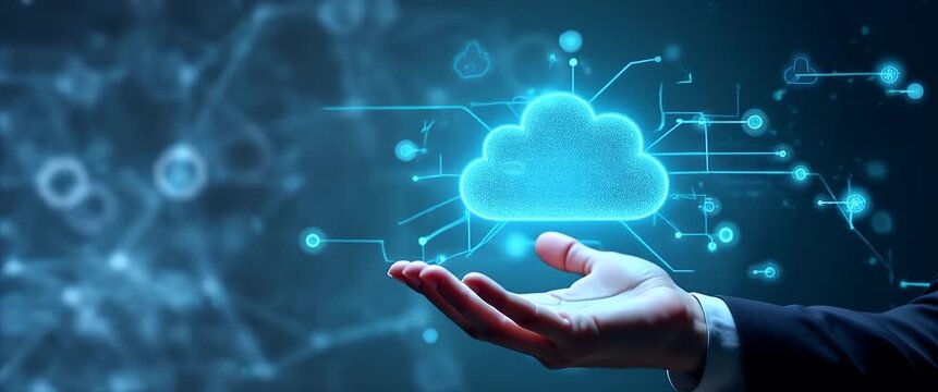 Close-up of a hand presenting a digital cloud with glowing network lines, as the camera slowly pans to reveal a futuristic, tech-inspired background; cinematic and innovative.