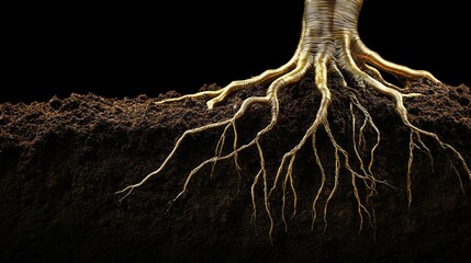 A sculptural representation of a healthy golden plant root system spreading through dark soil