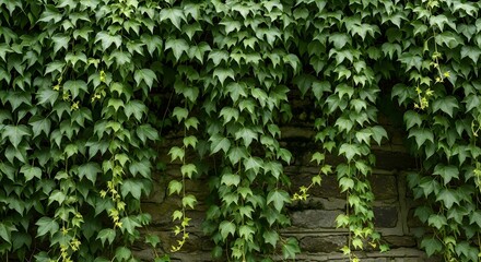 Close up of vibrant green ivy plants covering a stone wall background