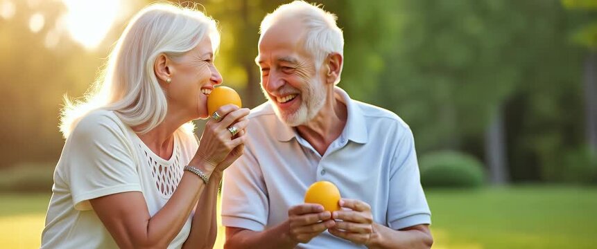 Elderly couple enjoying a sunny park, smiling as they share oranges; camera gently pans, capturing their happiness with a warm, cinematic glow, while trees sway softly in the background.