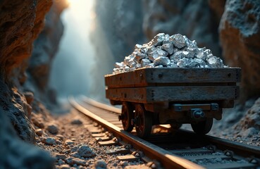 Fototapeta premium Mine cart full of raw silver metal ore sits on rail tracks in dusty tunnel. Valuable material ready for transport from deep underground. Rough precious rock extracted from mine. Shows industrial