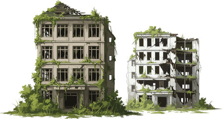 Abandoned ruined buildings covered with overgrown vegetation, urban decay and post apocalyptic environment illustration concept. © Lunavera art