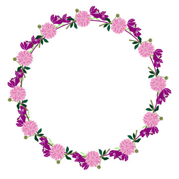 Cornice floreale circolare con peonie rosa e fiori lilla, illustrazione vettoriale