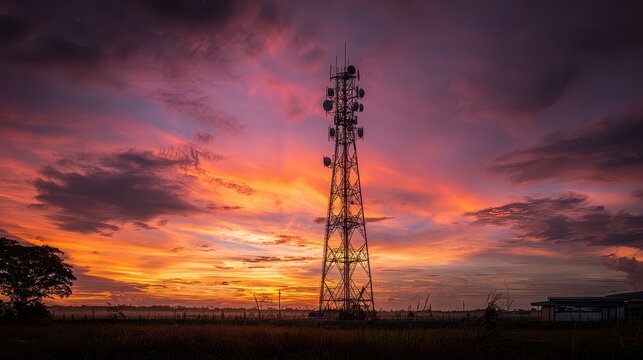 Tower mast at dusk with wireless antennas and dramatic orange-pink clouds