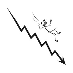 Stick figure falling down a downward arrow, representing financial loss