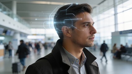 Man with digital brain graphic in airport