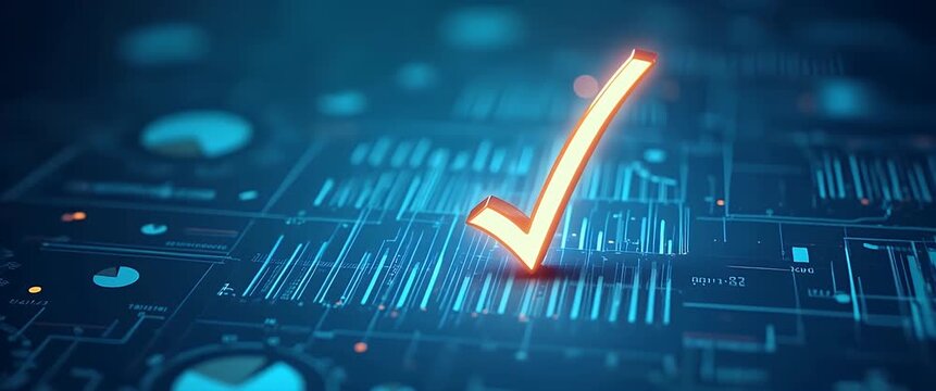 Glowing checkmark hovers above animated data charts in a digital dashboard, while the camera slowly pans across the futuristic interface in a cinematic, tech-focused style.