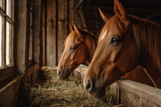 Two Arabian horses eating hay in a sunlit stable
