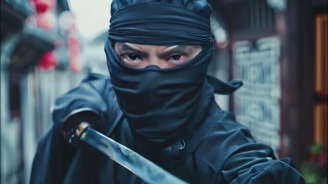 Japanese ninja warrior dressed in samurai clothes holding long sharp sword, abstract vivid composition consists of fictional unreal fantastic vision on background