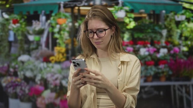 Blonde woman stands in a bustling outdoor flower market holding a smartphone with hand covering mouth in surprise; surprise.