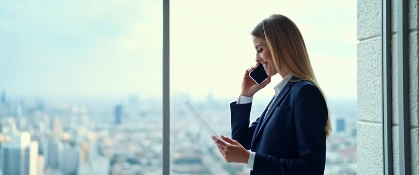 Professional woman in business attire talks on phone while reviewing documents, with a panoramic city view; camera gently pans across modern office, capturing dynamic urban atmosphere in cinematic sty