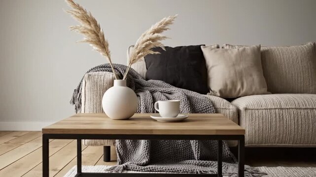 A minimalist living room scene with a wooden coffee table, vase, and comfortable sofa in a serene interior setting