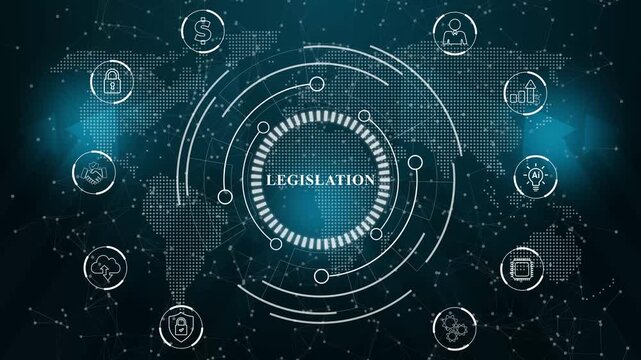 A Legislation button on a clear projection .Blue wave digital data flow. Seamless loop technology network. Abstract technology data connection symbols on a deep cyan color background.