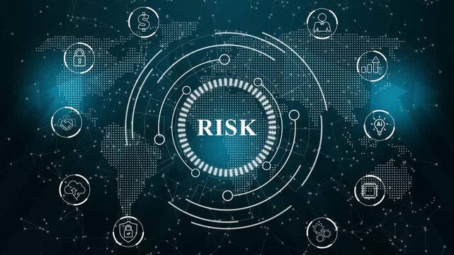 A risk concept button on a visual display. Hi tech motion graphic background, white flickering dots on dark background. Motion graphics of risk concept