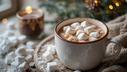 Fototapeta premium A warm cup of hot chocolate with marshmallows on a cozy winter table with a Christmas tree in the background