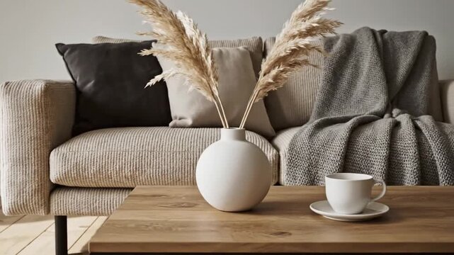 A serene living room scene with a vase, cup, and couch viewed from the side