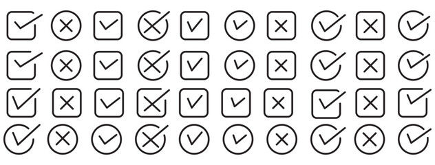 Hand drawn check and cross icons set in circle and square outline checklist marks vector illustration