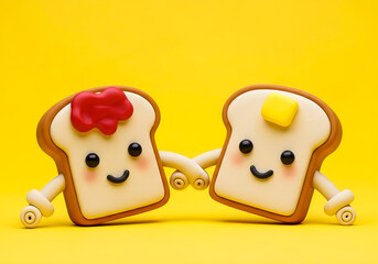 Obraz premium Two slices of cartoon toast with smiling faces and arms on a yellow background
