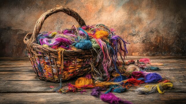 A Woven Basket Overflowing with Vibrant Colorful Yarn and Craft Fibers on a Wooden Surface