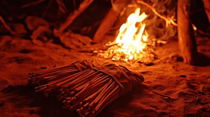 Bundles of fire starting materials like tinder and wood are placed on the ground near a glowing campfire at night