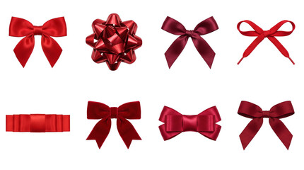 Red bow set including satin, velvet, grosgrain, metallic, and shoelace styles isolated. Decorative gift wrap and holiday accessories collection.