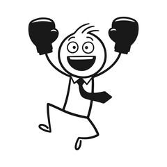 Cartoon stick figure celebrating victory with boxing gloves