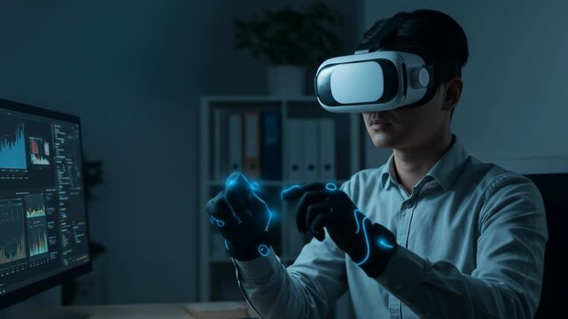 Man wearing a virtual reality headset and haptic gloves interacting with financial data on a futuristic holographic interface, technology footage.
