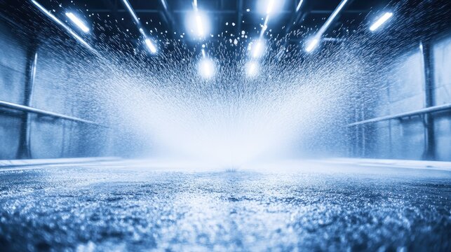 Close up of a decontamination shower head emitting a mist of water droplets creating a bright spray effect