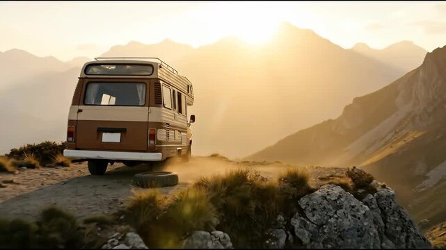 Camper van with flat tire on a mountain road at sunset. Broken transport needing repair in an outdoor adventurous setting.