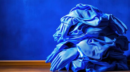 A stack of blue disposable nitrile gloves in bulk packaging sits on a wooden surface with a blue background