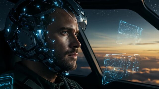 Man with futuristic helmet looking at virtual screens in a cockpit, flying through the sky at sunset, technology footage.