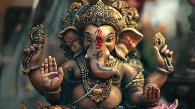 Bright holiday composition for happy Ganesh Chaturthi, abstract vivid composition consists of fictional unreal fantastic vision on background