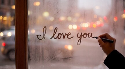 Love Message on Window with Blurred Evening Lights