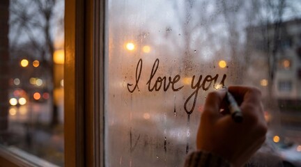 Handwritten Love Note on Steamy Glass Surface