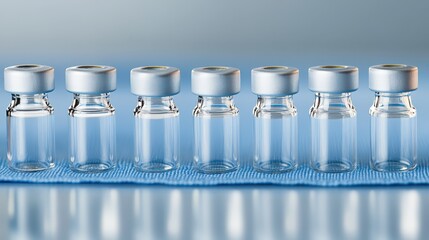Clear glass vials with rubber stoppers arranged in a row on a blue surface