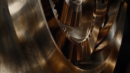 Close up abstract view of polished metallic gears and interlocking industrial components