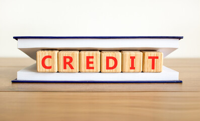 Credit symbol. Concept word Credit on beautiful wooden blocks in beautiful book. Beautiful wooden table white background. Business credit concept. Copy space.