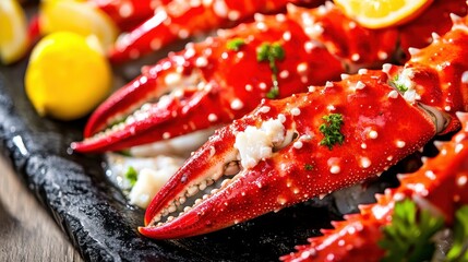 Close up of cooked King Crab Legs with bright lighting