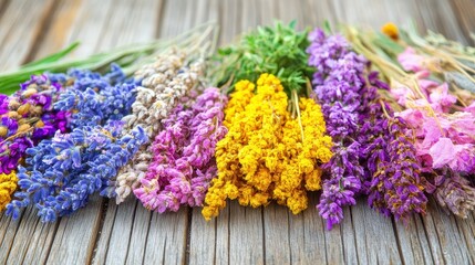 Fototapeta premium A vibrant collection of dried lavender and floral arrangements with green herbs rests on a rustic wooden surface