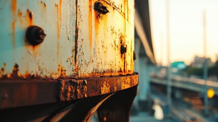 Close up of an aged corroded metal tank with visible rust streaks and a weathered texture under soft outdoor light
