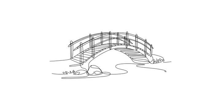 A minimalist single line drawing of an arched footbridge over a stream in a park setting