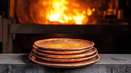 Obraz premium Copper Plates Stacked With Glowing Fire in the Background