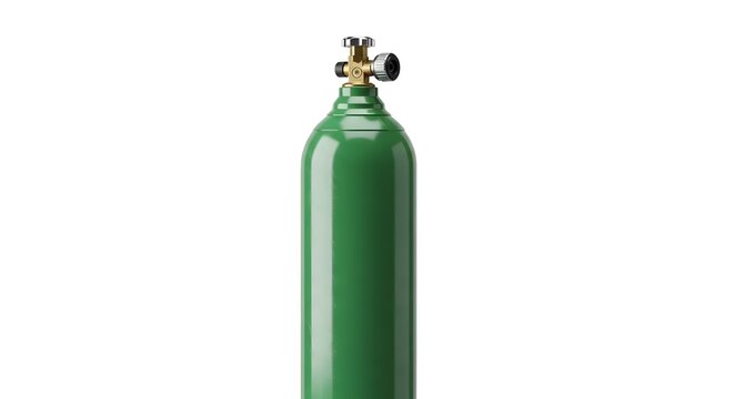 Close up of a standard industrial green compressed gas cylinder featuring a brass regulator valve assembly isolated on a clean white background for versatile application.