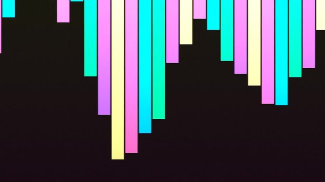 Abstract vertical pastel bars hang from a dark background, forming a neon fringe gradients.glow now!