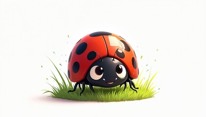 Fototapeta premium Cute cartoon ladybug with big eyes sits on green grass. Small red bug with black spots isolated on white background. This insect illustration brings life and joy to any project.