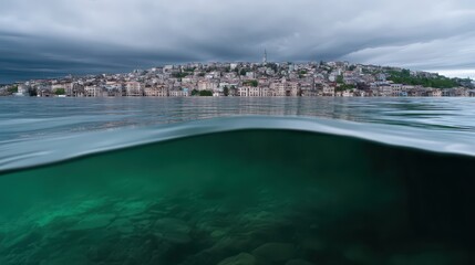 City sections submerged under water depicting environmental crisis